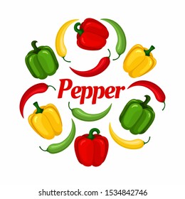 Different types of pepper - chili, Bulgarian, sweet, jalapeno on a white background. Vector illustration