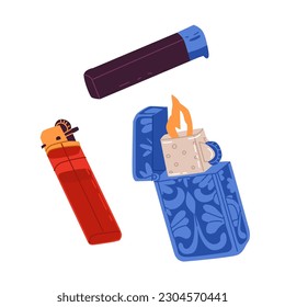 Different types of petrol lighters. Patterned metal and simple plastic. Illustrations on the theme of tobacco smoking. Bad habits, unhealthy lifestyle. Vector objects isolated on white background.