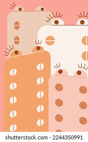 Diferentes tipos de píldoras en blíster. Método anticonceptivo o concepto de atención de la salud. Diseño de cápsulas de vitaminas y suplementos. Ilustración de dibujos a mano de dibujos planos vectoriales a la moda.