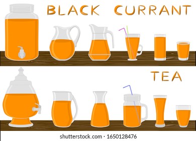 Different types pitcher, blackberry tea in jugs various size. Pitcher consisting of organic plastic jugs for fluid blackberry tea. Jugs of blackberry tea it pitcher standing on wooden kitchen table.