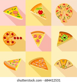 Different types of pizza icons set, flat style