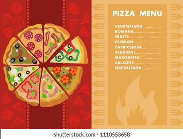 Different types of pizza. Menu. Pizzeria concept. Vector illustration. Clipart. Flat style.