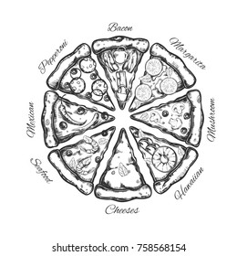 Different types of pizza slices. Vector hand drawn illustration. Sketch styled isolated objects