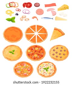 Different types of pizzas, top view. Ingredients for pizza,. Pizza is divided into pieces. Colorful vector illustration in flat cartoon style.