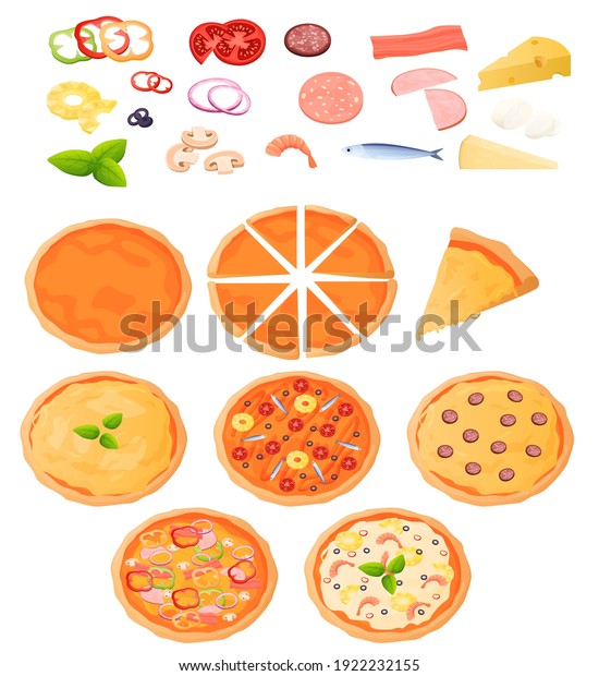 Different types of pizzas, top view. Ingredients\
for pizza,. Pizza is divided into pieces. Colorful vector\
illustration in flat cartoon\
style.