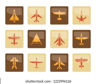 different types of plane icons over brown background - vector icon set