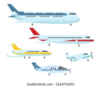 Different types of planes flat vector illustrations set. Passenger airplane or aeroplane, jets or aircrafts for airlines, air transport isolated on white background. Aviation, transportation concept