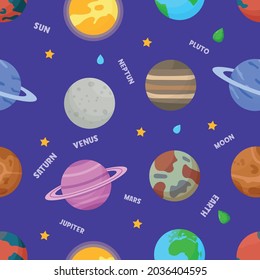 Different types of planets in the solar system. Space seamless pattern