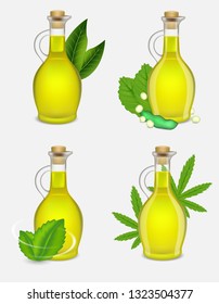 Different types of plant oil bottle set. Vector realistic illustration of tea tree, soy, peppermint and hemp oil glass bottles with green leaves, used in cooking, medicine and cosmetics.