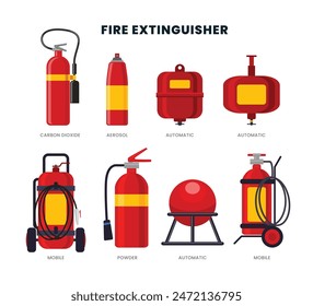 Different types of Portable or industrial fire extinguisher, firefighter equipment with carbon dioxide, aerosol, automatic, mobile, powder, dry fire fighting powder class, water foam. Different alarm.