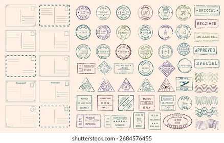 Diferentes tipos Post selos quadros definidos para os EUA e Europa. Ilustração vetorial do Carimbo de Correspondência de Várias Formas