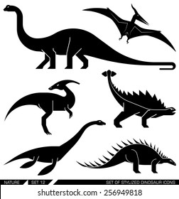 Different types of prehistoric dinosaur icons: brontosaurus, diplodocus, apatosaurus, velociraptor, parasaurolophus, polacanthus, pterodactyl. Vector illustration.