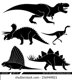 Verschiedene Arten prähistorischer Dinosaurier-Symbole: rex, trex, tyrannosaurus, triceratops, stegosaurus, lesothosaur.  Vektorgrafik.