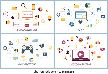 Different types of product advertising concept set. Digital ads and SEO. Commercial advertisement in social media and communication with customer. Isolated flat vector illustration