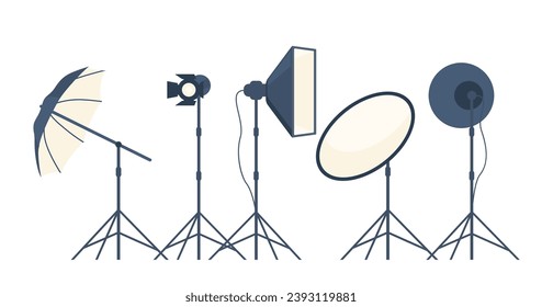 Different types of professional lighting equipment for blogging, vlogging and studio photo and video. Vector illustration