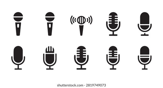Different types of professional microphones including handheld and stand mounted broadcasting studio gear.