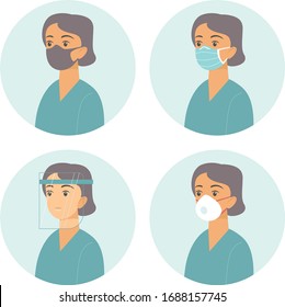 Different types of protective face gear. Flat vector concept for coronavirus COVID-19 outbreak