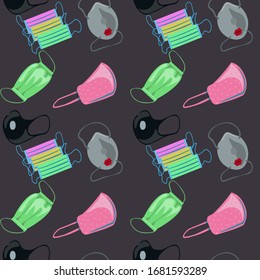 Different types of protective masks against the virus, coronovirus multi-colored on a gray background. Seamless pattern.