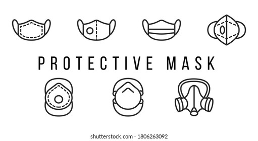 Diferentes tipos de máscaras médicas de protección y conjunto de iconos de línea de respiradores.