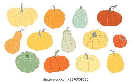 Different types of pumpkins set hand drawn in flat style. Autumn pumpkins big set. Colored pumpkins isolated on white background. Pumpkin autumn harvest