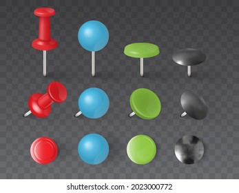 different types of push pins, thumbtacks isolated on black background vector 