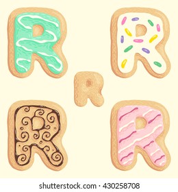 The different types of the R letter in the shape of the cookie with sweet glaze