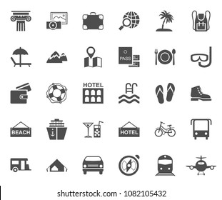 Different types of recreation and ways to travel. Grey images on a white background. Vector.  
