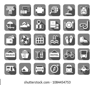 Different types of recreation and ways to travel. White pictures on a gray background with shadow. Vector. 