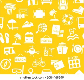Different types of recreation and ways to travel. White pictures on the yellow field. Vector, monochrome background. 