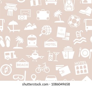 Different types of recreation and ways to travel. White pictures on the gray-beige field. Vector, monochrome background.  