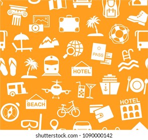 Different types of recreation and ways to travel. White pictures on an orange field. Vector, monochrome background. 