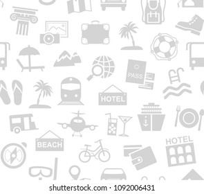 Different types of recreation and ways to travel. Gray pictures on a white field. Vector, monochrome background.  