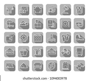 Different types of recreation and ways to travel. White line drawings on a gray background with shadow. Vector.  