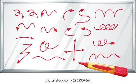 Different types of red hand drawn curved arrows on white board illustration