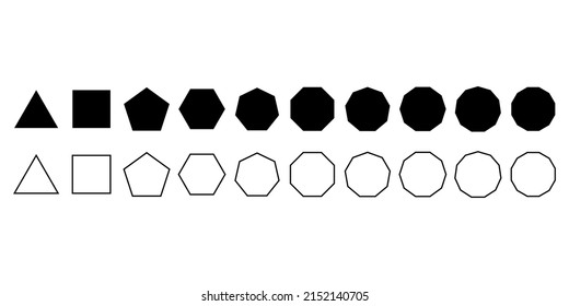 Different types of regular polygons. 2d geometric shapes. triangle, square, pentagon, hexagon, heptagon, octagon, nonagon, decagon, hendecagon, dodecagon vector illustration on white background.