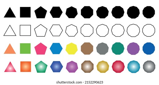Different types of regular polygons. 2d geometric shapes. triangle, square, pentagon, hexagon, heptagon, octagon, nonagon, decagon, hendecagon, dodecagon vector illustration on white background.