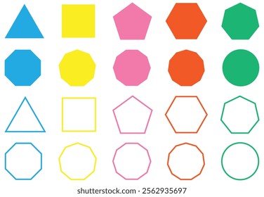 Different types of regular polygons. 2d geometric shapes. triangle, square, pentagon, hexagon, heptagon, octagon, nonagon, decagon, hendecagon, dodecagon vector. Various number of geometric shapes.