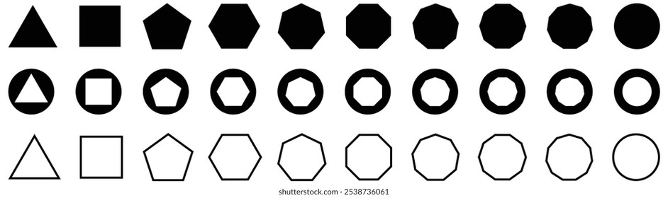 Diferentes tipos de polígonos regulares. Conjunto de iconos de polígono. triángulo, cuadrado, pentágono, hexágono, heptágono, octágono, nonagón, decágono, hendecágono, dodecágono iconos. Ilustración vectorial. Iconos de forma Básica
