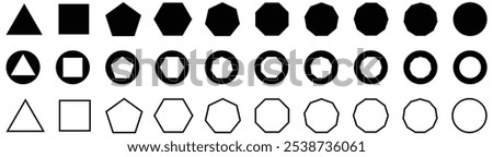 Different types of regular polygons. Set of polygon icons. triangle, square, pentagon, hexagon, heptagon, octagon, nonagon, decagon, hendecagon, dodecagon icons. vector illustration. Basic shape icons