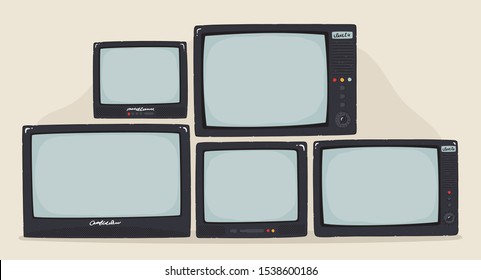 Different types of retro TV sets with blank screens. Hand-drawn style vector illustration.  