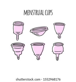 Different types of reusable menstrual cups and disk isolated on white background. Hand drawn elements. Zero waste menstruation line art concept.