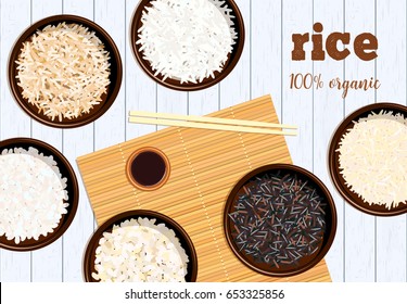 Different types of rice in bowls. Basmati, wild, jasmine, long brown, arborio, sushi. chopsticks. Kitchen bamboo mats, sauce tureen. Vector illustration. top view. For culinary, fastfood, restaurant