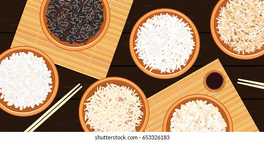 Different types of rice in bowls on dark wooden background. Basmati, wild, jasmine, long brown, arborio, sushi. chopsticks. Kitchen bamboo mats, sauce tureen. Vector illustration. top view.