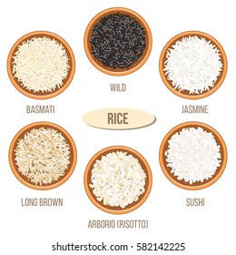 Different types of rice in ceramic bowls. Basmati, wild, jasmine, long brown, arborio, sushi. Vector illustration. For culinary, cafe, fastfood, shop, restaurant. Can be used as tag, label, poster