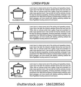 Different types of rice cooking instructions. Closed Pan, Open Pan, Pressure Cooker and Electric Rice Cooker