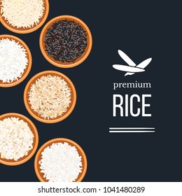 Different types of rice in plates and bowls on dark background. top view. Basmati, wild, long brown, arborio, sushi.