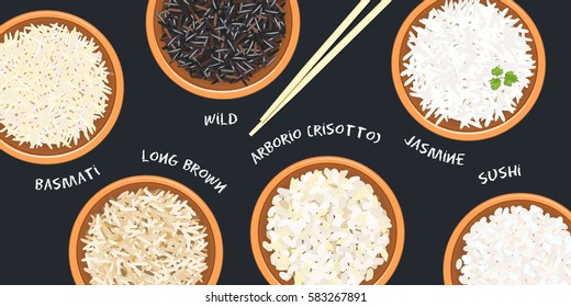 Different types of rice in pots. Basmati, wild, jasmine, long brown, arborio, sushi. chopsticks. Kitchen bamboo mats, sauce tureen. Vector illustration. top view. For culinary, fastfood, restaurant