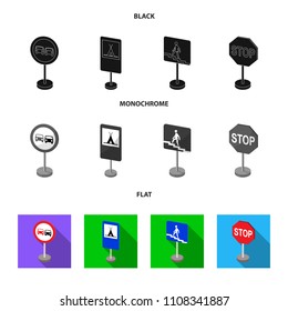 Different types of road signs black, flat, monochrome icons in set collection for design. Warning and prohibition signs vector symbol stock web illustration.