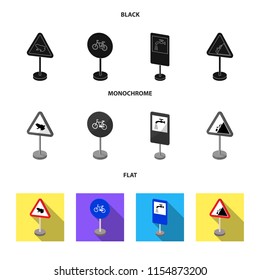 Different types of road signs black, flat, monochrome icons in set collection for design. Warning and prohibition signs vector symbol stock web illustration.