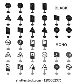 Different types of road signs black icons in set collection for design. Warning and prohibition signs vector symbol stock web illustration.